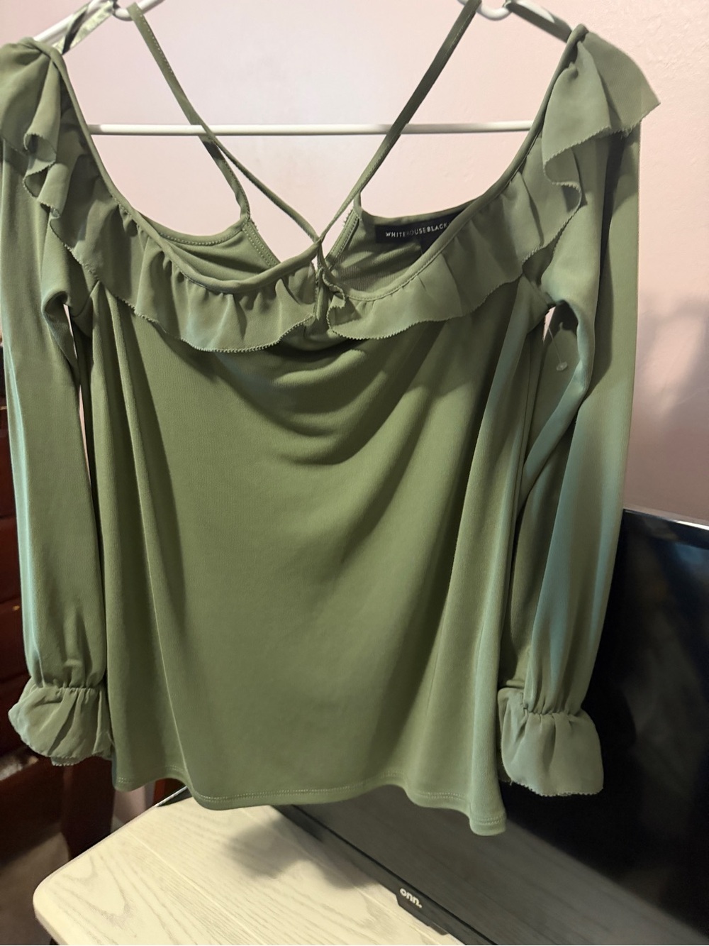 White House Black Market Olive Ruffle Off-Shoulder Blouse
